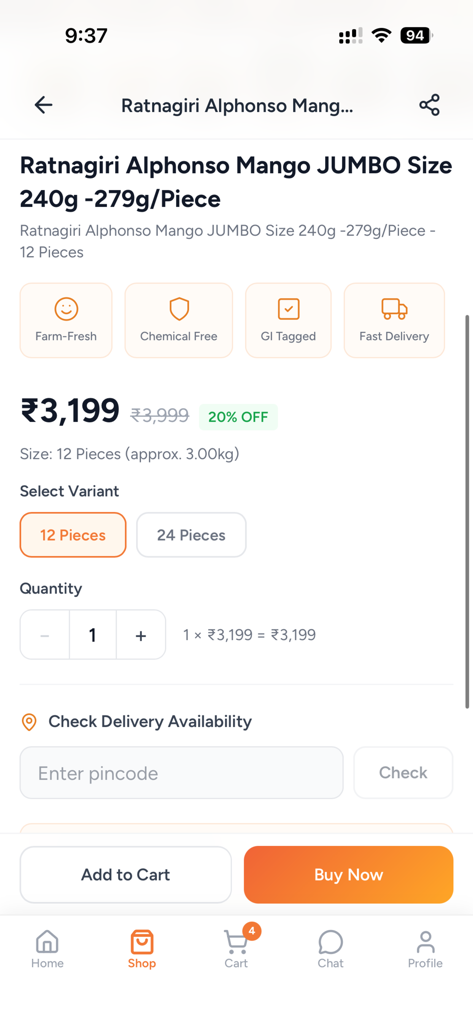 Dhanshe Farm - Product page for jumbo size Ratnagiri Alphonso mangoes in the Dhanshe Farm mobile app