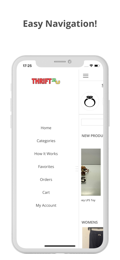 Thrift2U mobile app side navigation menu showing home categories and account settings