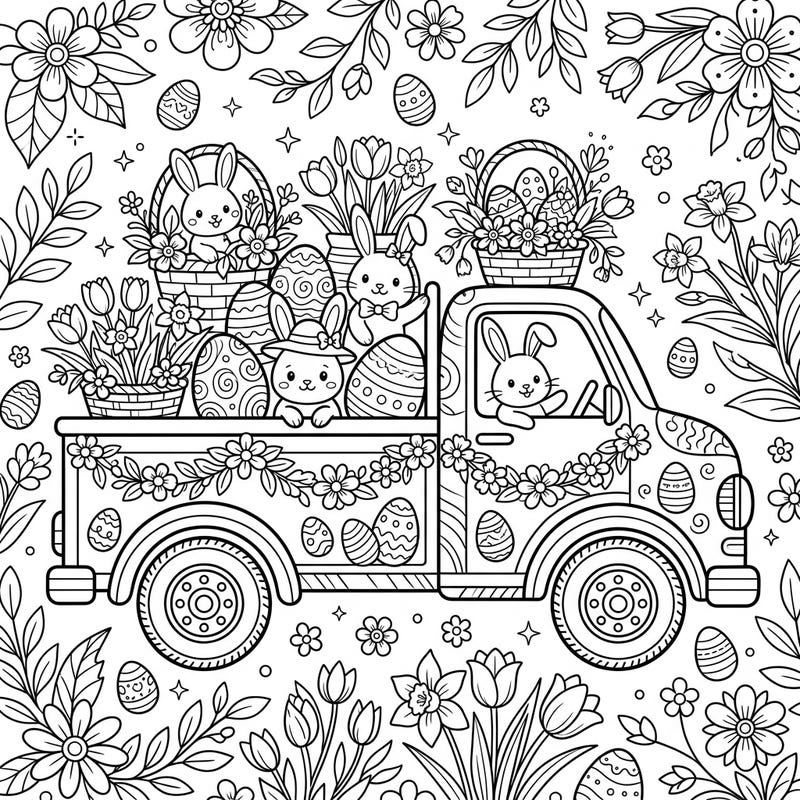 Get ready for a heartwarming Easter journey with this delightful flatbed truck coloring page. It features an adorable truck overflowing with cute bunnies, colorful eggs, and fresh spring flowers, perfect for welcoming the season.