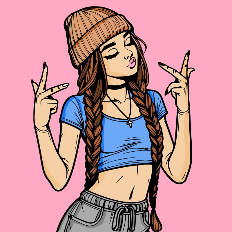 realistic teenage girl with braids and a beanie and crop top doing 🫶🏼