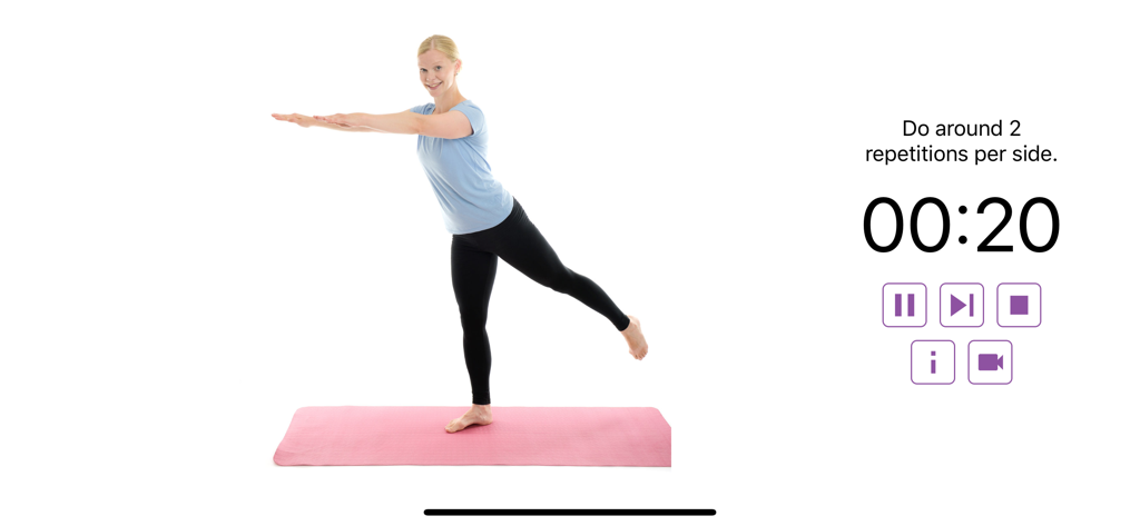 Mama in Shape - Poworkout - A woman performing a balance exercise on a yoga mat with a workout countdown timer in the Mama in Shape fitness app.