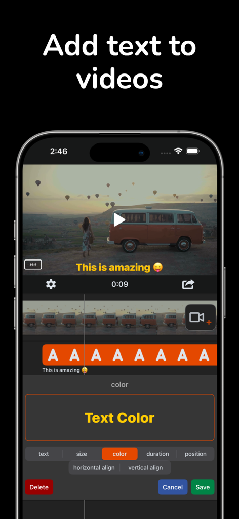 Video Music - Interfaz de iPhone mostrando a un editor de video agregando texto amarillo y emojis a un clip de video de viaje