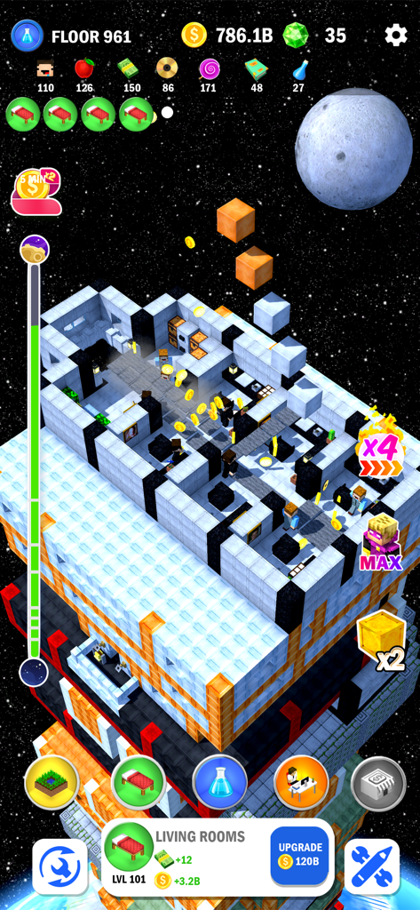 Tower Craft 3D - Idle Building - Un rascacielos estilo vóxel 3D en construcción en el espacio exterior con la luna de fondo en Tower Craft 3D.