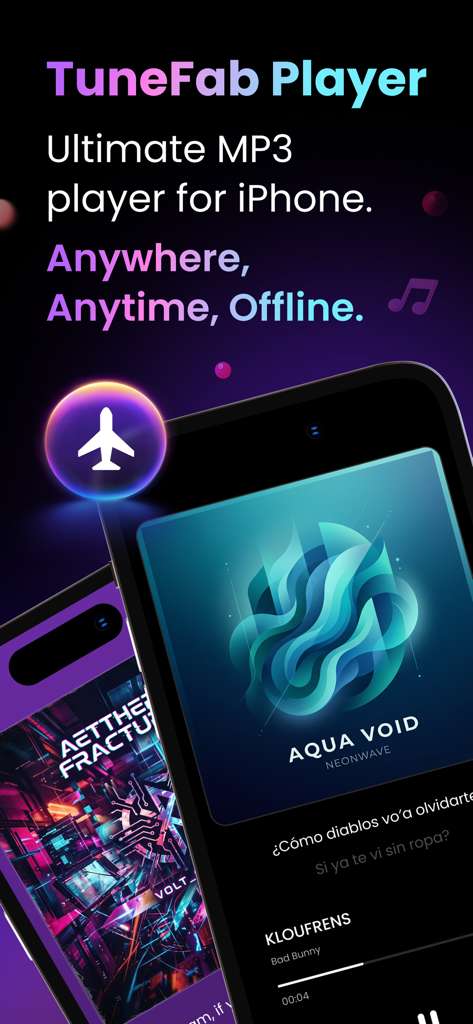 TuneFab Player - Interfaz de la aplicación TuneFab Player en iPhone mostrando reproducción de música sin conexión e icono de modo avión