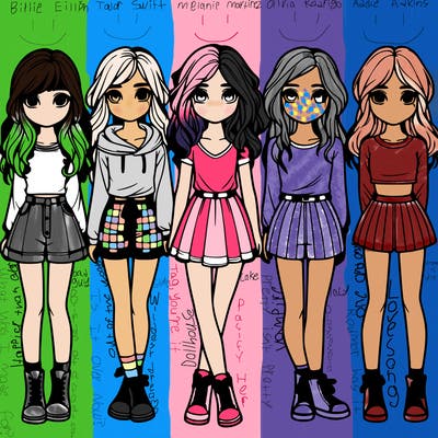 group of 6 realistic girls in a row