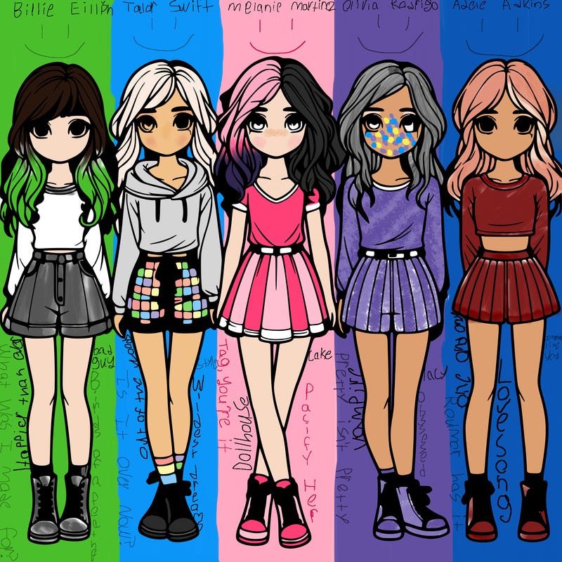 group of 6 realistic girls in a row