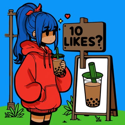 girl with oversized hoodie drinking boba and she has a high ponytail with a sign that says 10likes?