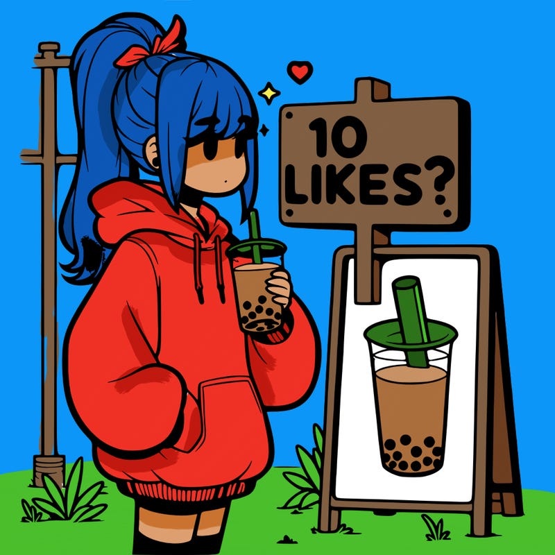 girl with oversized hoodie drinking boba and she has a high ponytail with a sign that says 10likes?