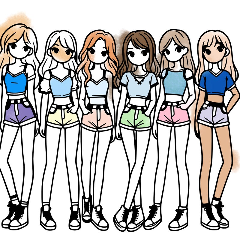 a group of girls wearing crop tops and shorts