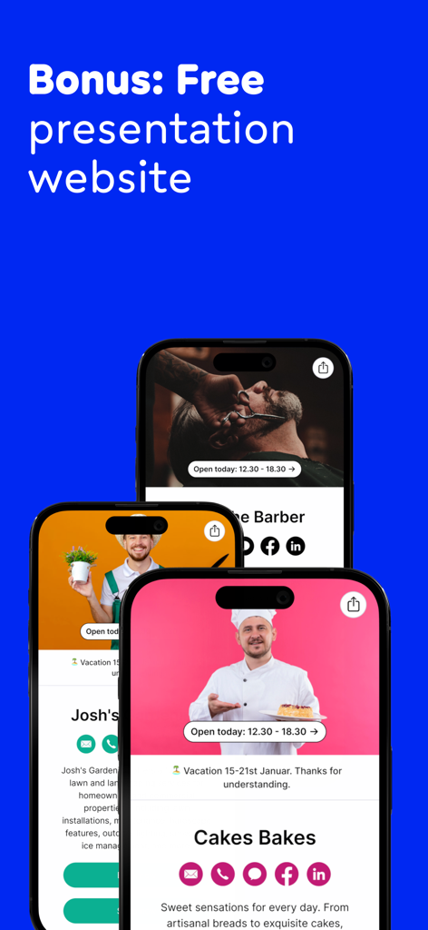 Invoice Maker Estimate Billdu - Three smartphones displaying examples of free business presentation websites for a barber a gardener and a baker