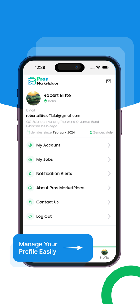 Pros Marketplace - Pantalla de perfil de usuario de la aplicación Pros Marketplace que muestra opciones de gestión de cuentas y trabajos