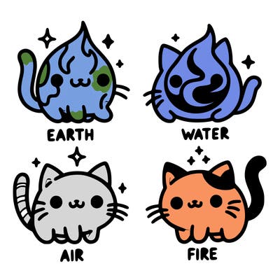 4 cats that represent the different elements, earth, water, air, and fire