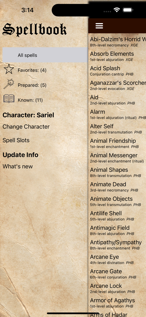 D&D Spellbook 5e - Side menu of D&D Spellbook 5e app showing character management options and spell list on parchment background