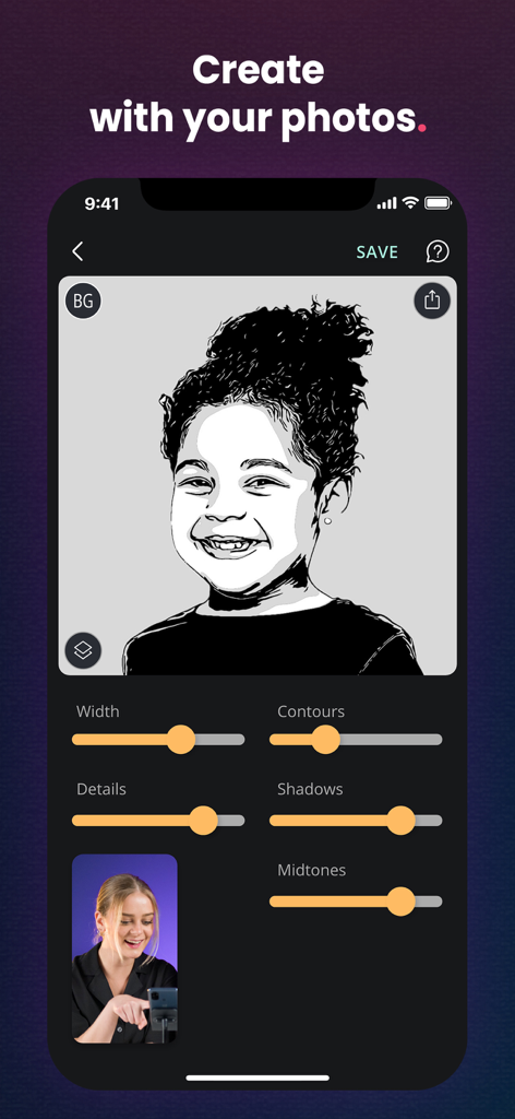 Cupixel: AR Tracing & Classes - A smartphone screen showing the Cupixel app interface where a portrait is converted into a traceable black and white outline.