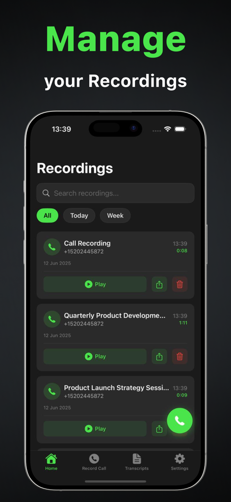 Call Recorder: Phone Audio Rec - Interfaz de usuario de la aplicación Grabadora de Llamadas mostrando una lista buscable de llamadas telefónicas comerciales y personales grabadas.