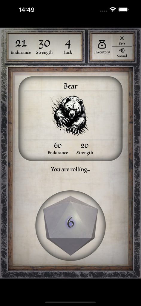 Pantalla de combate en Hero Of Fate con una tirada de dados d20 y un encuentro con un oso