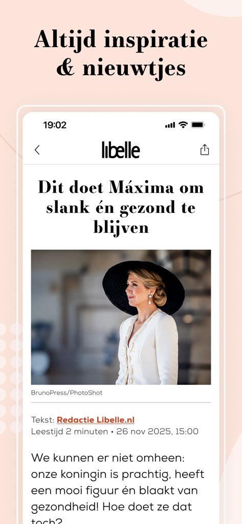 Libelle.nl - 막시마 여왕에 대한 라이프스타일 기사를 보여주는 Libelle 앱의 스크린샷