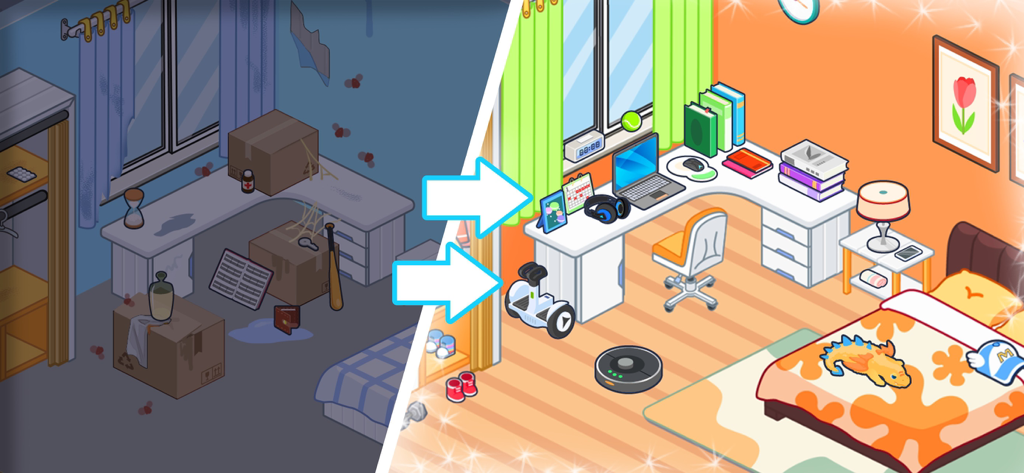 散らかった部屋が明るいモダンな子供部屋に変わったビフォーアフターの比較