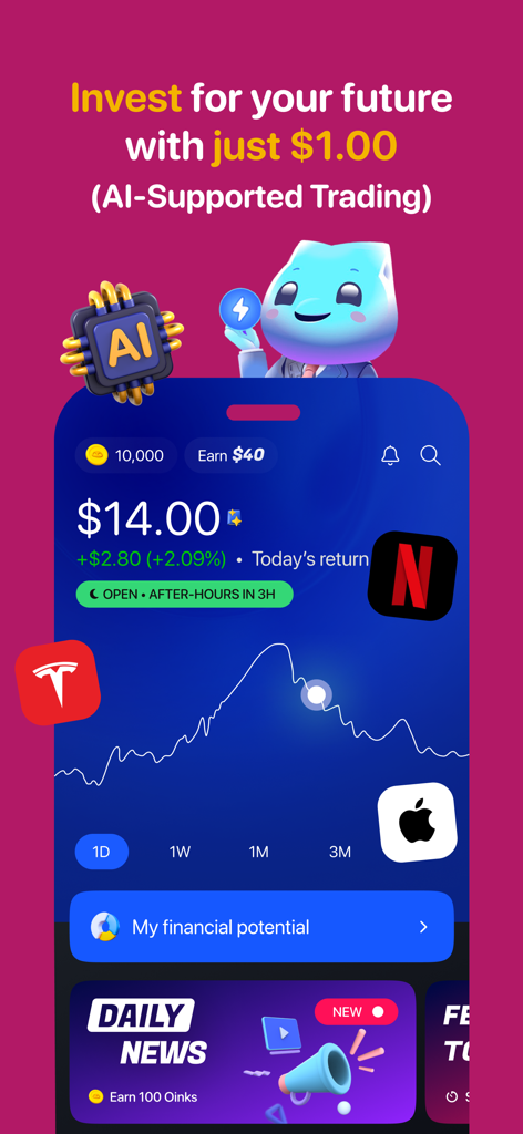 Bloom: Learn to Invest - A screenshot of the Bloom app interface displaying a stock performance chart and AI-supported trading options.