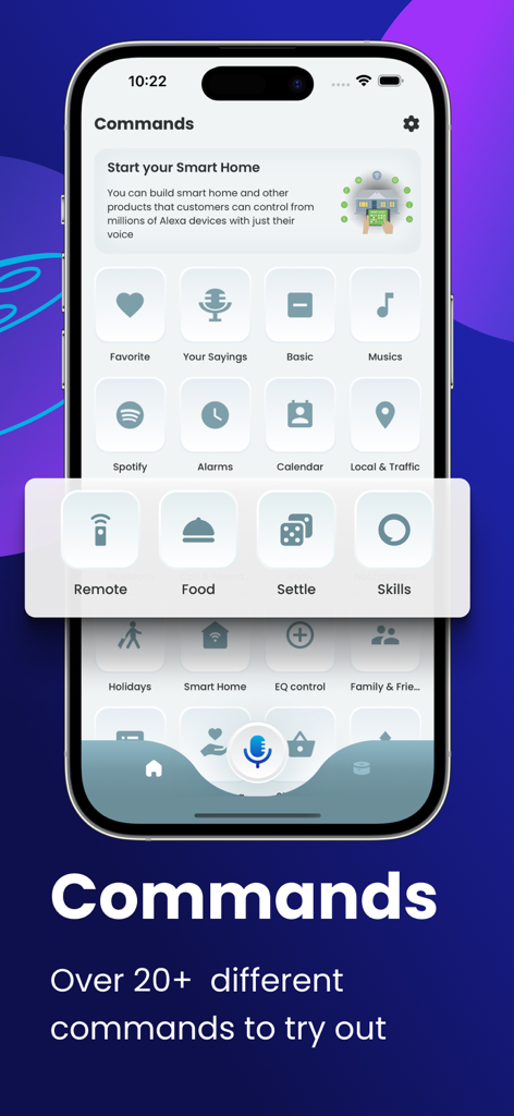 Voice Control for Assistant - Pantalla de teléfono inteligente que muestra un menú categorizado de comandos de voz para dispositivos de hogar inteligente