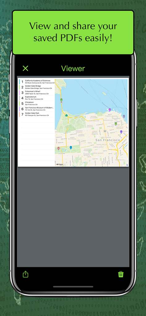 MapIt - Map Multiple Locations - MapIt app PDF viewer showing a map with numbered locations in San Francisco