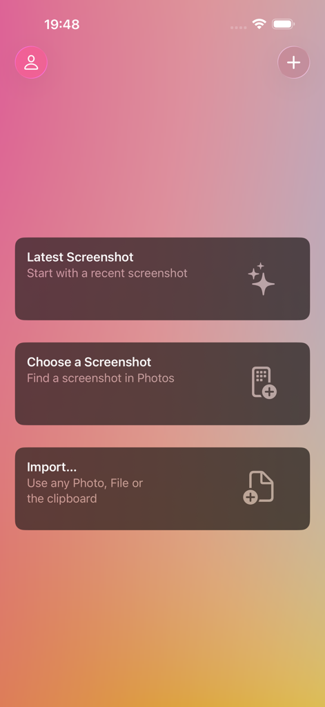 Frame Screenshots: Shareshot - Shareshot App Hauptoberfläche mit Optionen zur Auswahl des neuesten Screenshots, Auswahl aus Fotos oder Import von Dateien.