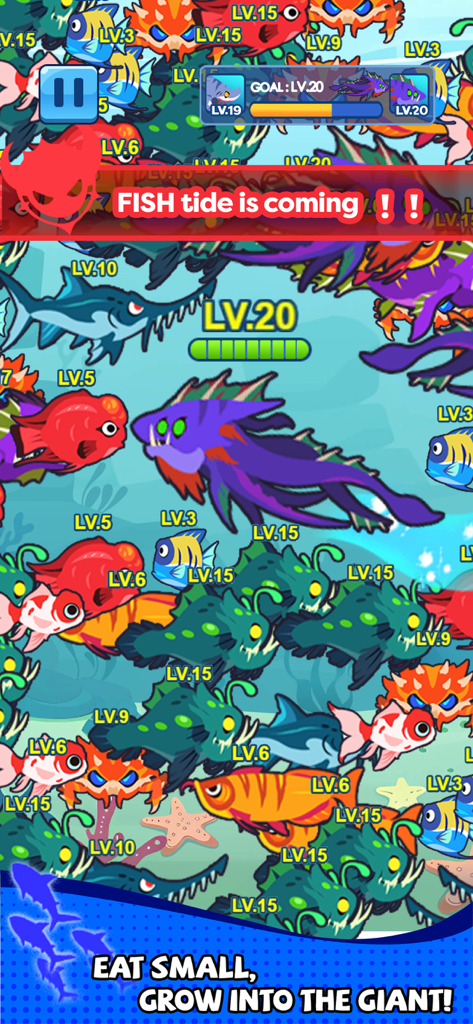 Fish Realm-Ocean Devour - A level 20 fish navigating a crowded underwater world during a fish tide event in Fish Realm.