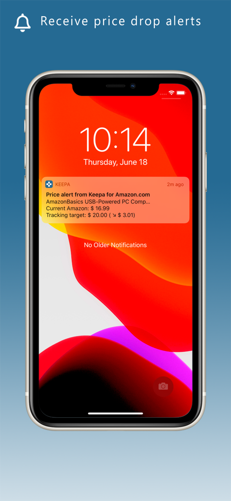Keepa · Price Tracker - iPhoneのロック画面。Amazon商品のKeepaアプリからの値下げアラート通知を表示しています。