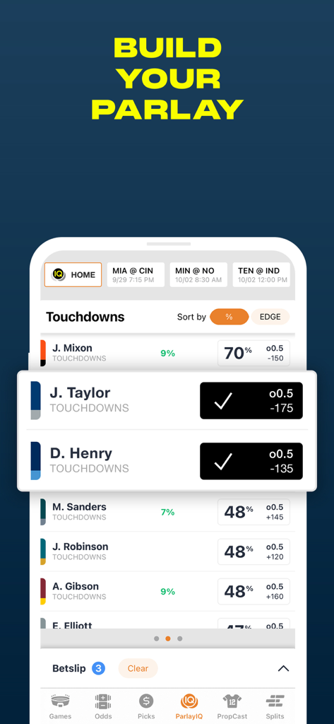 Interface of ParlayIQ app showing the Build Your Parlay screen with NFL touchdown player props