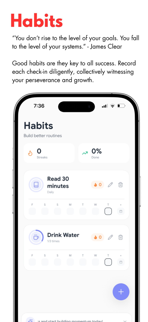Tela do aplicativo móvel OneMind mostrando um rastreador de hábitos com rotinas como leitura e ingestão de água
