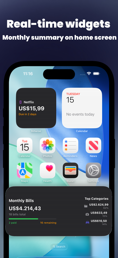 Schermata Home dell'iPhone che mostra i widget Billwise in tempo reale per promemoria bollette e riepiloghi finanziari mensili