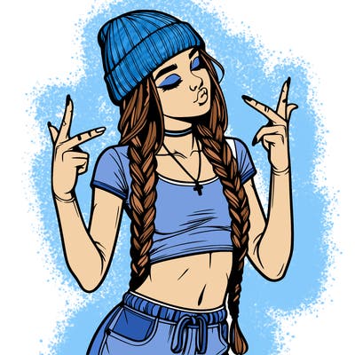 realistic teenage girl with braids and a beanie and crop top doing 🫶🏼
