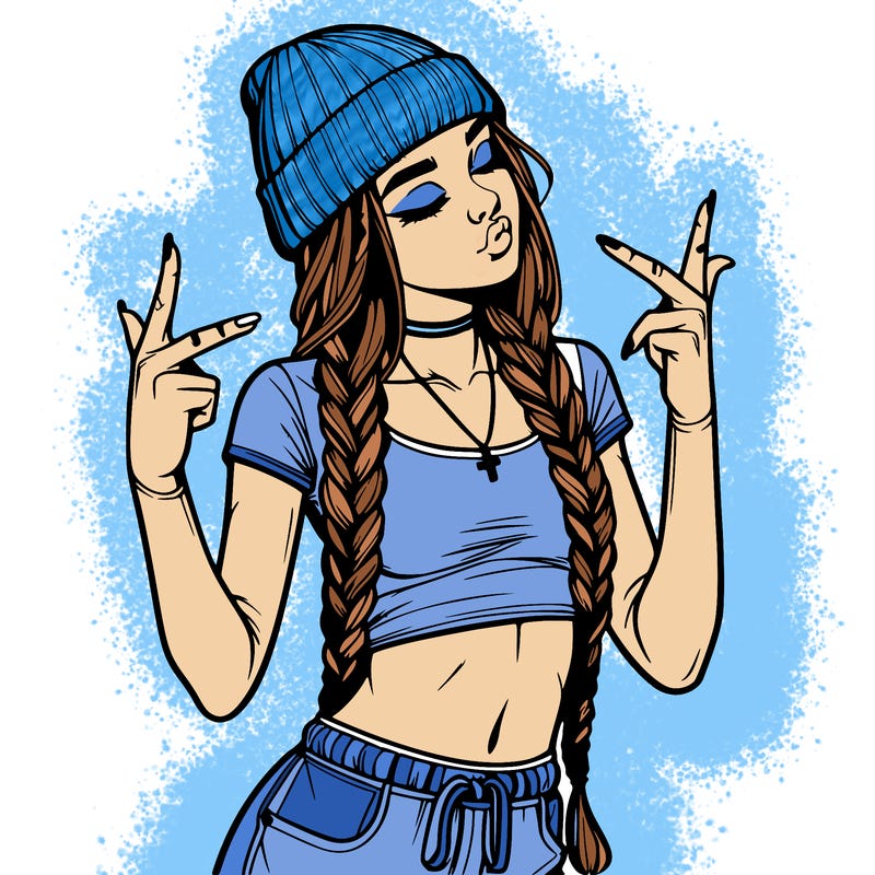 realistic teenage girl with braids and a beanie and crop top doing 🫶🏼