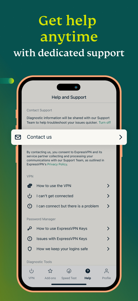 ExpressVPNモバイルアプリのヘルプとサポートメニュー、連絡先オプションとトラブルシューティングガイドを表示。