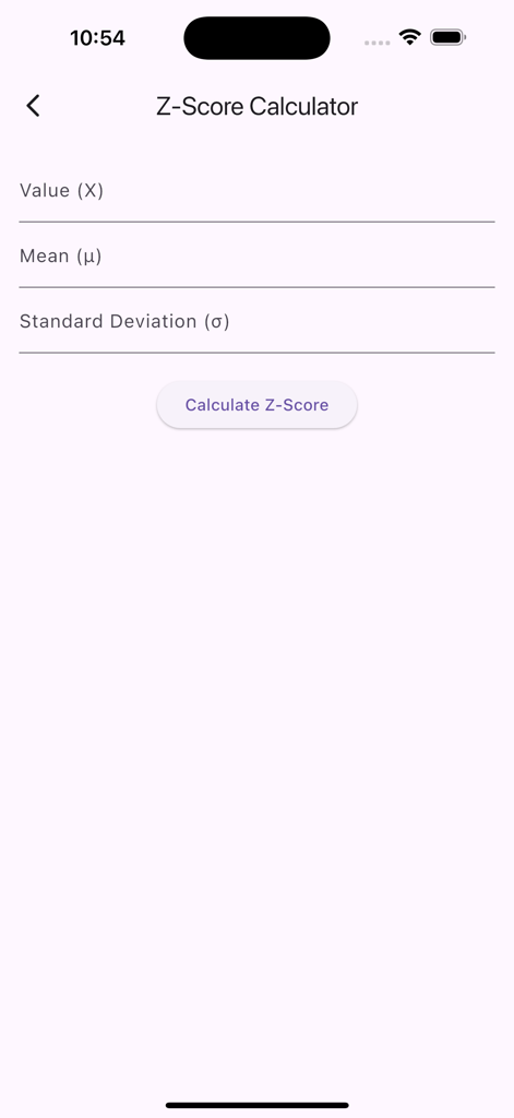 Z-Table - Z-Score Calculator screen with input fields for value mean and standard deviation
