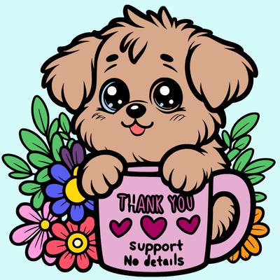 a really cute puppy holding a thank you for support mug with flowers everywhere