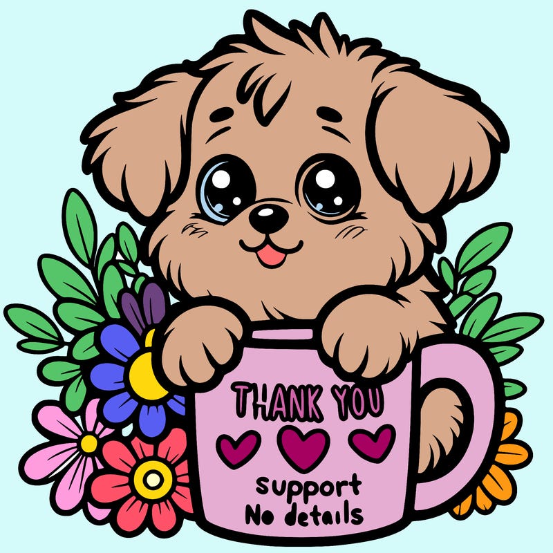 a really cute puppy holding a thank you for support mug with flowers everywhere