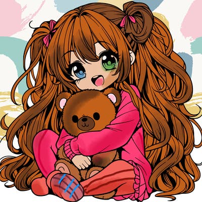 manga girl, long curly hair, happy, cuddling a teddy bear