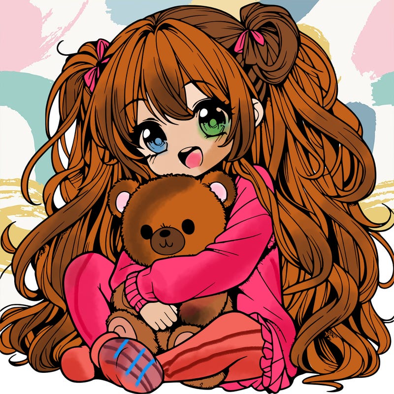 manga girl, long curly hair, happy, cuddling a teddy bear