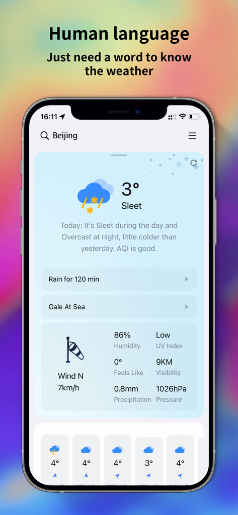A screenshot of the QWeather app on iPhone showing a sleet forecast with detailed meteorological data