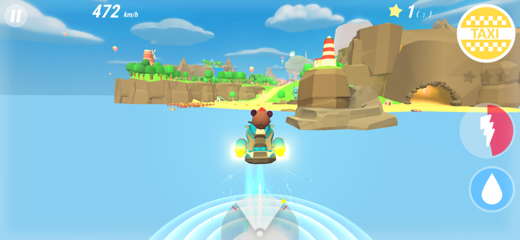 McPanda: Super Pilot Kids Game - McPanda character piloting a futuristic jet over the water towards a tropical island with a lighthouse