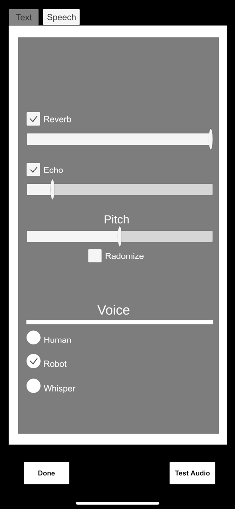 Necrometer - Necrometer app interface showing speech settings for reverb echo pitch and voice selection