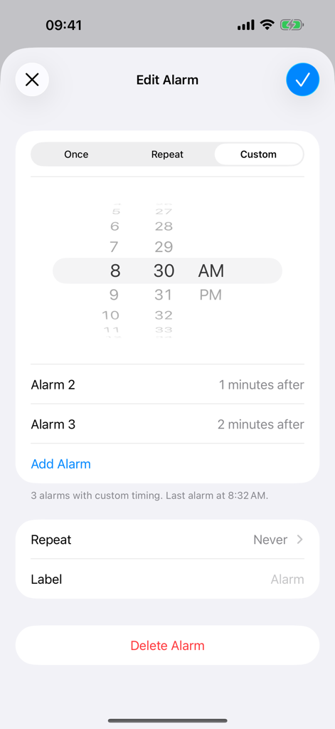 MultiAlarm – Group Your Alarms - Interface for editing a sequence of alarms with custom time intervals in the MultiAlarm app