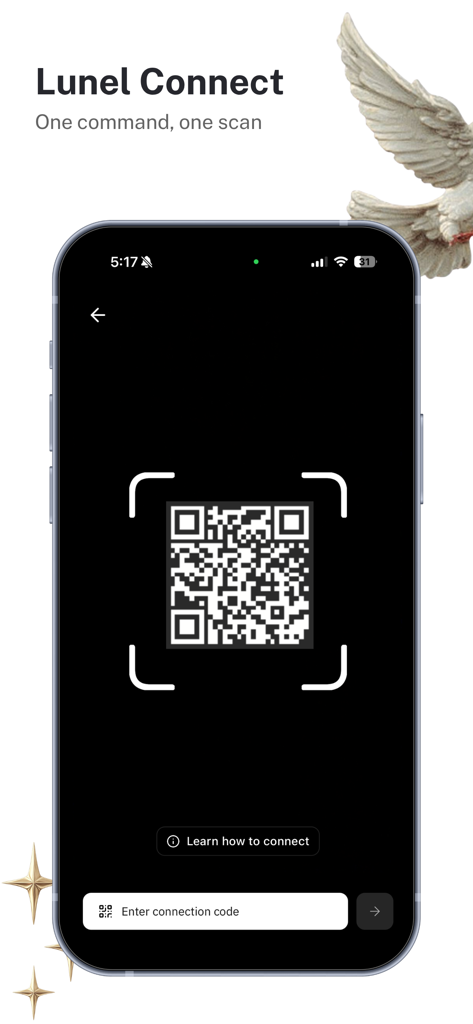 Lunel - Lunel app QR code connection screen for pairing a mobile device with a local development environment