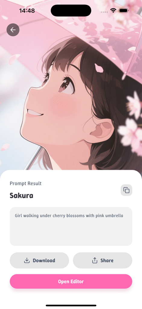 Yubon - Interfaccia dell'app Yubon che mostra una ragazza anime generata dall'AI sorridente sotto i ciliegi in fiore con un ombrello rosa
