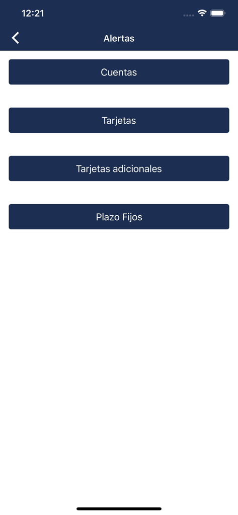 Alerts menu in the Banco Macro app with options for accounts, cards, and fixed term deposits