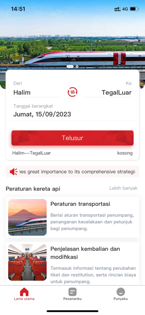 Interfaz de la aplicación Whoosh para reservar billetes de tren de alta velocidad entre Halim y TegalLuar en Indonesia