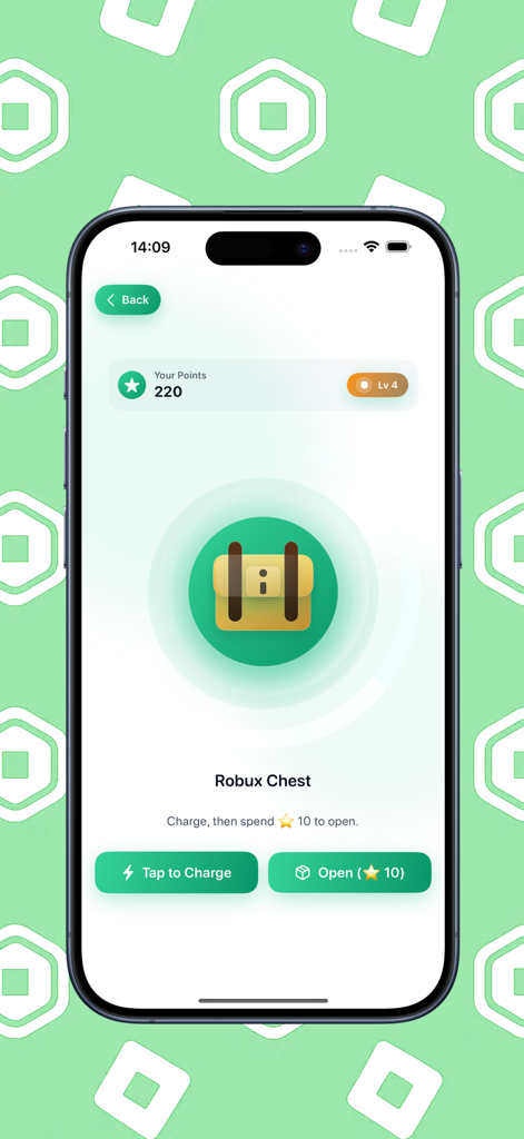 Robux Games For Roblox - A mobile app screen showing the Robux Chest rewards feature with user points and leveling system.