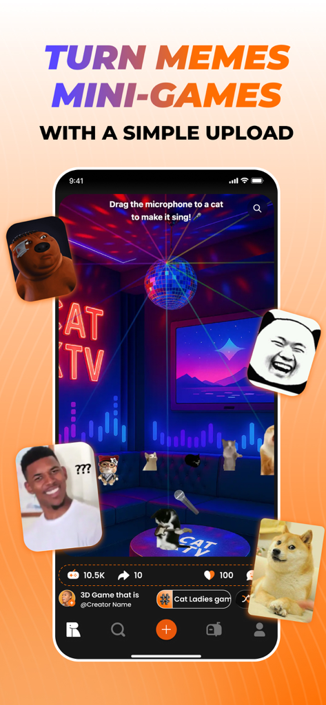 Rezona: AI Game Maker - Interfaz de la app Rezona AI Game Maker mostrando un minijuego Cat KTV creado a partir de memes de internet