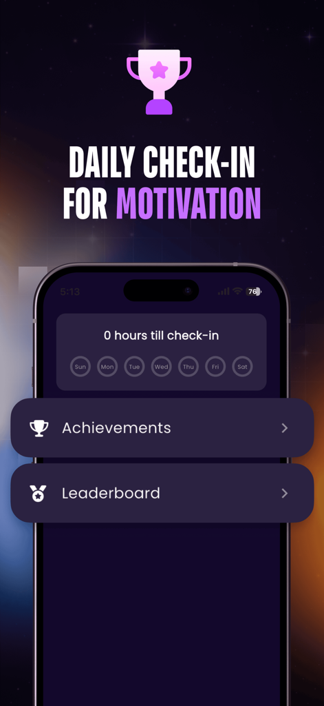 HoldX - Stop Porn Forever - HoldX app interface showing a daily check-in screen for motivation with achievements and leaderboard buttons
